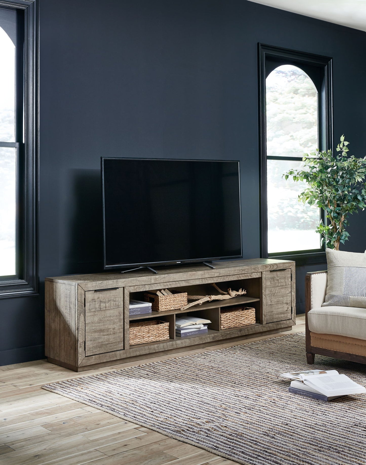 Krystanza - TV Stand with Wide Fireplace Insert - Weathered Gray